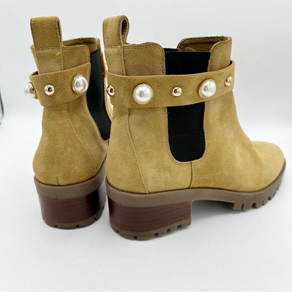 KARL LAGERFELD PARIS Tan Suede Pola Pearl Studded Chelsea Boots Lug Sole Sz 9M - Picture 4 of 14
